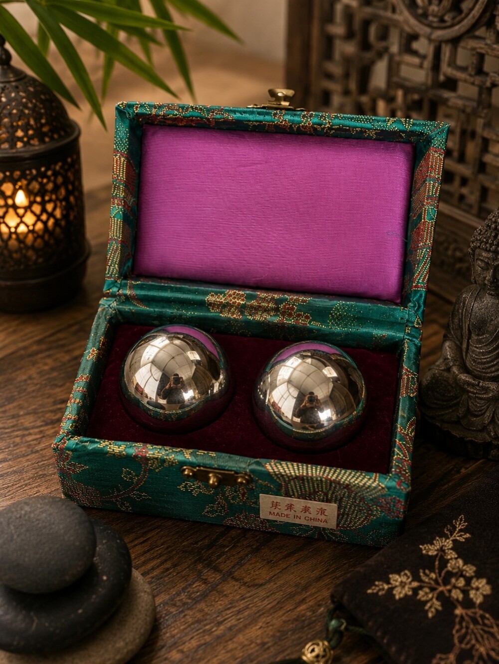 Vintage Chinese Baoding Health Balls in Silk Brocade Box – Silver Tone